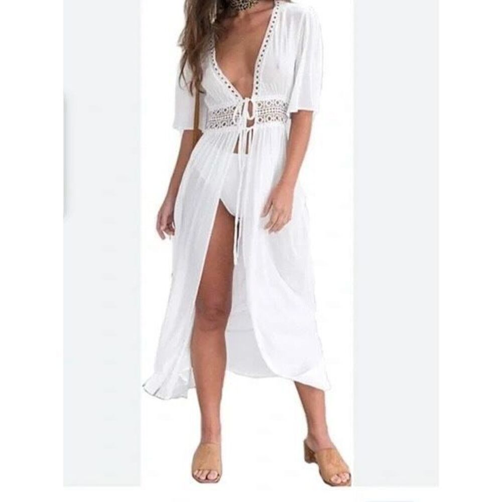 Ekouaer white maxi tie lace coverup, NWT, size small